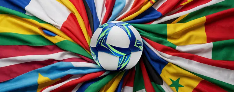 Soccer ball centered on a vibrant array of international flags