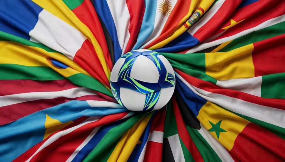 Soccer ball centered on a vibrant array of international flags