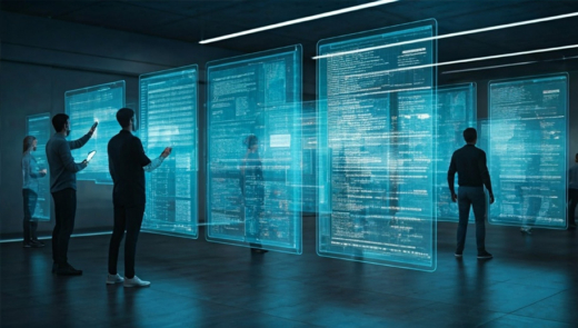 people standing in front of virtual screens of data