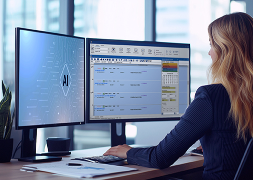 woman working on two computer monitors, one showing AI the other showing the Imagine Landmark R&amp;S software