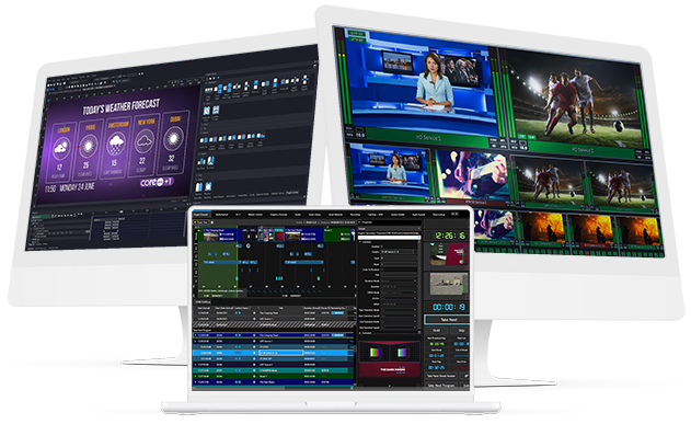 Three computer monitors, each one showing a different software from the suite of products from Pixel Power