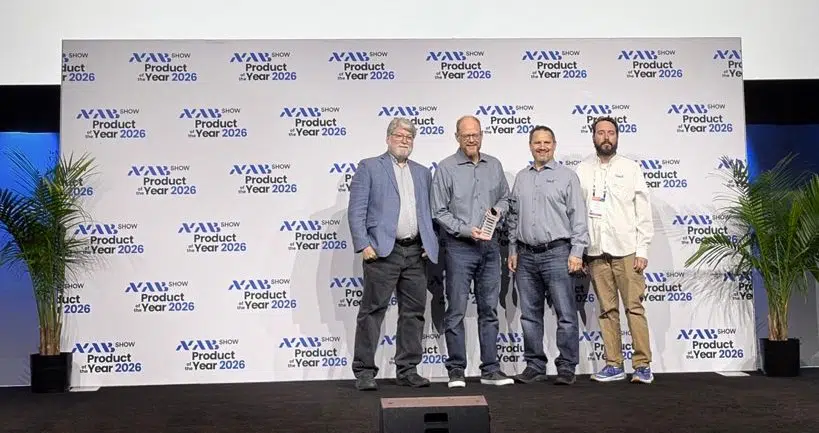 NAB 2026 Project of the Year awards stage with Imagine staff and partners accepting the award