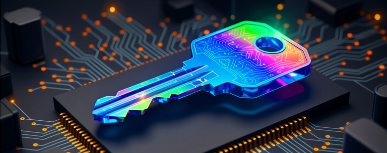 Rainbow holographic key with circuit patterns on a dark motherboard.