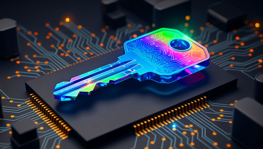 Rainbow holographic key with circuit patterns on a dark motherboard.
