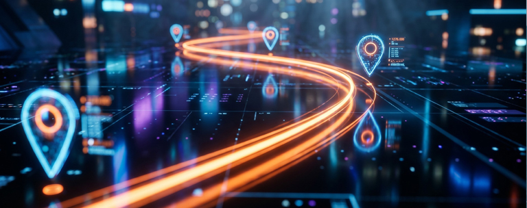 Glowing roadmap path with checkpoints on dark background
