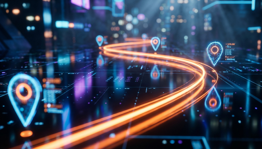 Glowing roadmap path with checkpoints on dark background