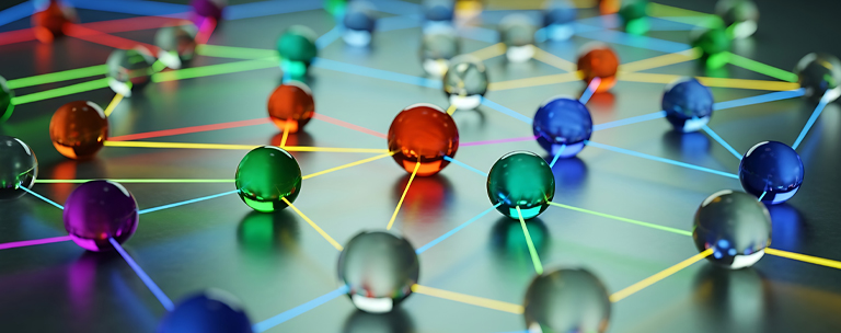 Abstract network connection concept with colorful glowing spheres and lines