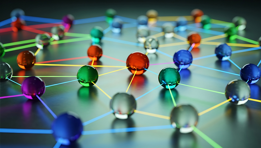 Abstract network connection concept with colorful glowing spheres and lines