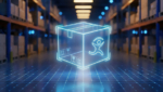 the background of a warehouse with a virtual box floating in the middle, with the Imagine logo on the side