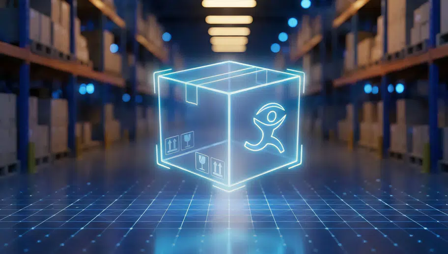 the background of a warehouse with a virtual box floating in the middle, with the Imagine logo on the side