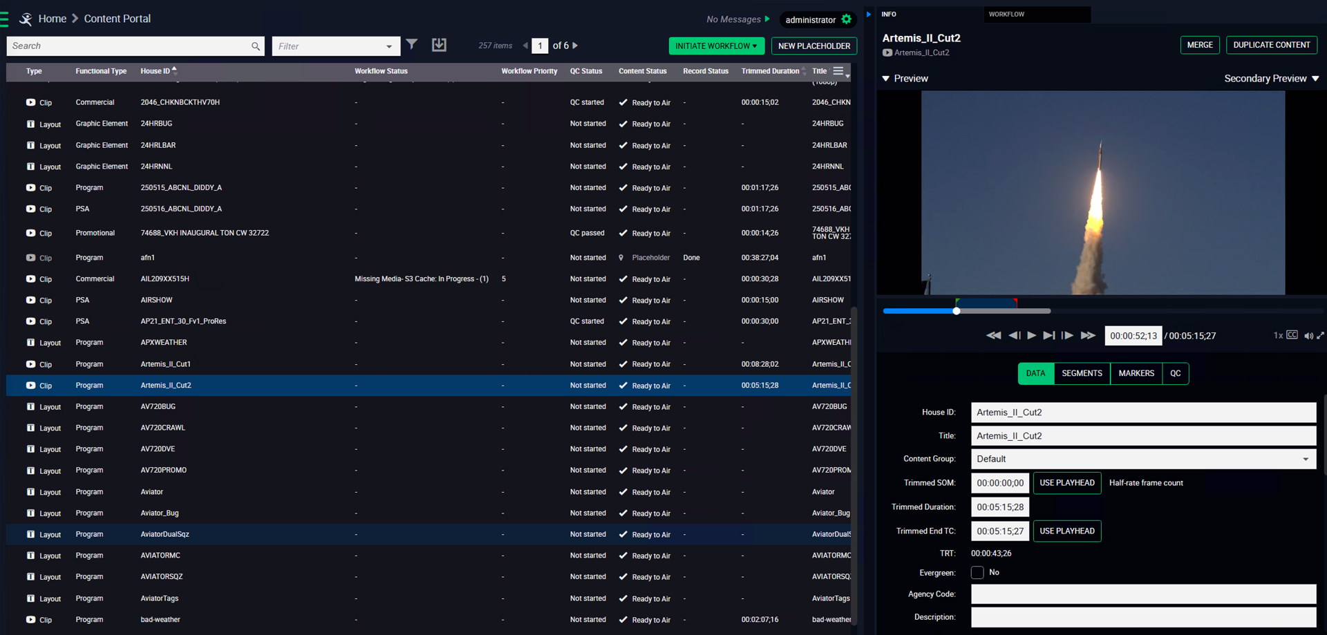 Aviator Orchestrator software screen - Content Portal